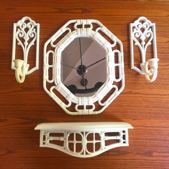 VTG Faux Wicker Mirror Shelf Sconces Set Homco Boho Plastic Wall Decor Dorm - Picture 1 of 13